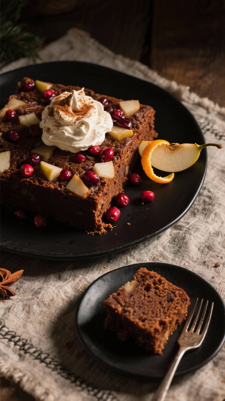 Overhead plated presentation of pear and cranberry gingerbread cake cut into generous squares on a matte black plate, dark molasses-rich crumb studded with juicy pear cubes and vibrant cranberries; a cloud-like dollop of cinnamon cream on top dusted with a whisper of cinnamon, with a zested orange curl optional on the side; a slice on a separate plate with a fork to show moist texture; warm, moody lighting and a rustic linen for a cozy, festive vibe.