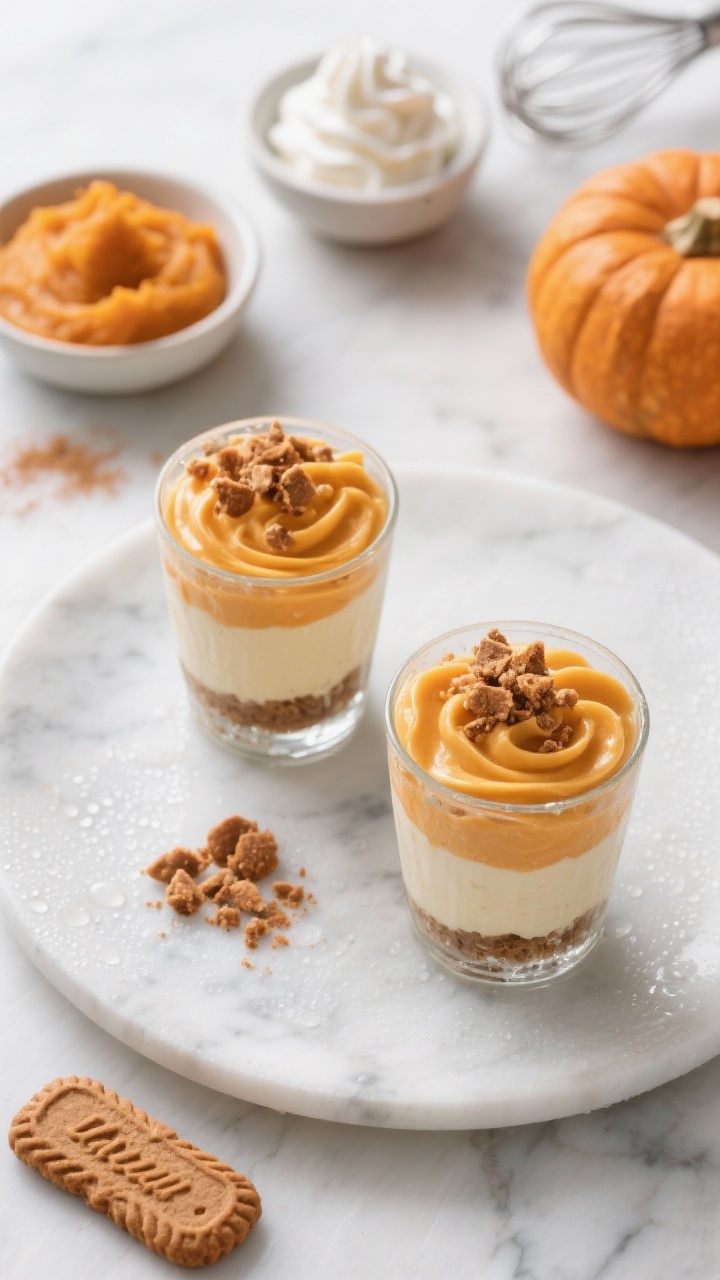 Overhead plated presentation of pumpkin cheesecake mousse cups: creamy, airy orange-hued mousse swirled into clear glass tumblers, topped with crushed gingersnaps and a light dusting of cinnamon; ingredients visible around—pumpkin puree in a small bowl, a dollop of whipped cream in a whisked bowl, and pumpkin pie spice; clean, elegant styling on a marble surface, chilled condensation on glass, minimal, refined fall aesthetic.