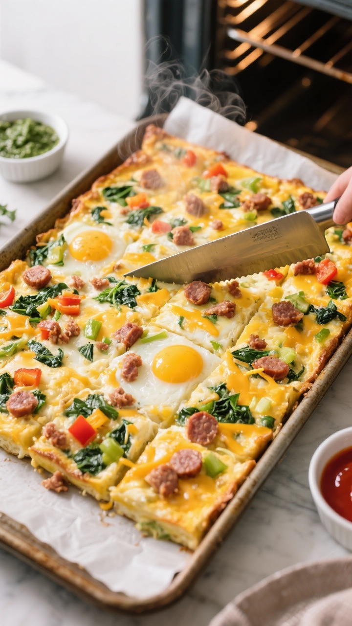 Overhead process shot of Sheet-Pan Turkey Sausage and Veg Egg Bites right after baking: an 18x13 parchment-lined sheet pan filled with a golden, set egg slab speckled with turkey sausage crumbles, thawed chopped spinach, diced bell peppers, and melted cheddar; edges lightly browned, center just set; a chef’s knife mid-slice into neat squares, wisps of steam, small bowls of hot sauce and pesto nearby for serving; bright oven-light effect, clean meal-prep mood.