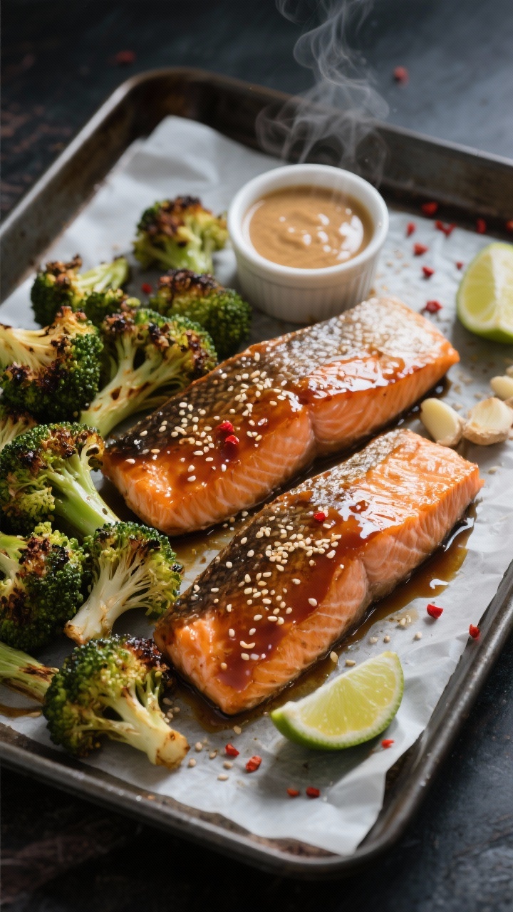 Overhead sheet-pan action shot: miso-ginger glazed salmon filets, skin-on, glistening with a sweet-salty sheen, nestled beside roasted broccoli florets with crispy, charred edges; visible sesame seeds, lime wedges, and a small ramekin of the miso glaze (white miso, soy/tamari, honey, rice vinegar, grated ginger, garlic, toasted sesame oil); sprinkle of red pepper flakes; parchment-lined pan on a dark metal baking sheet, subtle steam, moody lighting emphasizing lacquered glaze and broccoli texture, no people, pro styling.