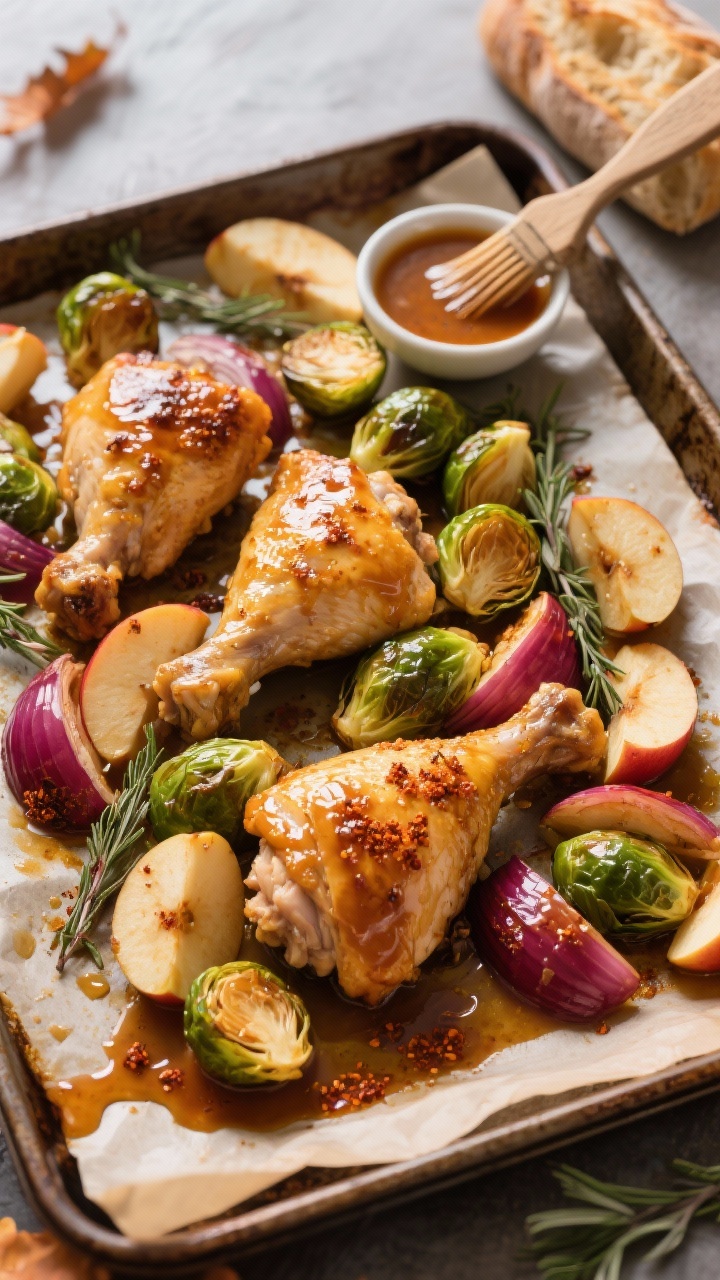 Overhead sheet-pan scene: golden, juicy boneless chicken thighs nestled among deeply caramelized halved Brussels sprouts, jammy Honeycrisp apple wedges, and thick red onion wedges on parchment-lined pan; glossy maple-Dijon glaze pooling as pan juices; visible flecks of smoked paprika, thyme leaves sprinkled; warm fall palette of amber, emerald, and burgundy; 425°F roast vibes with crisped edges; include a small bowl of maple-Dijon dressing and a basting brush to hint at the process; styled on a rustic baking sheet with crusty bread off to the side; high-contrast, natural window light for appetizing shine.