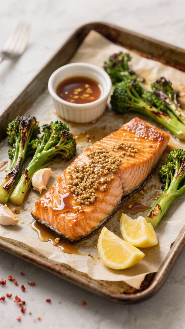 Overhead sheet pan scene: Maple-mustard salmon skin-on fillets brushed with a glossy blend of pure maple syrup, whole-grain mustard, Dijon, cider vinegar, and garlic, roasting alongside lemon-kissed broccolini. Broccolini is tender-crisp with charred tips; salmon just opaque and flaky. Finish with lemon wedges scattered on parchment, a ramekin of extra glaze, and a hint of crushed red pepper. Warm oven glow, rustic baking sheet, minimal props for a one-pan story.