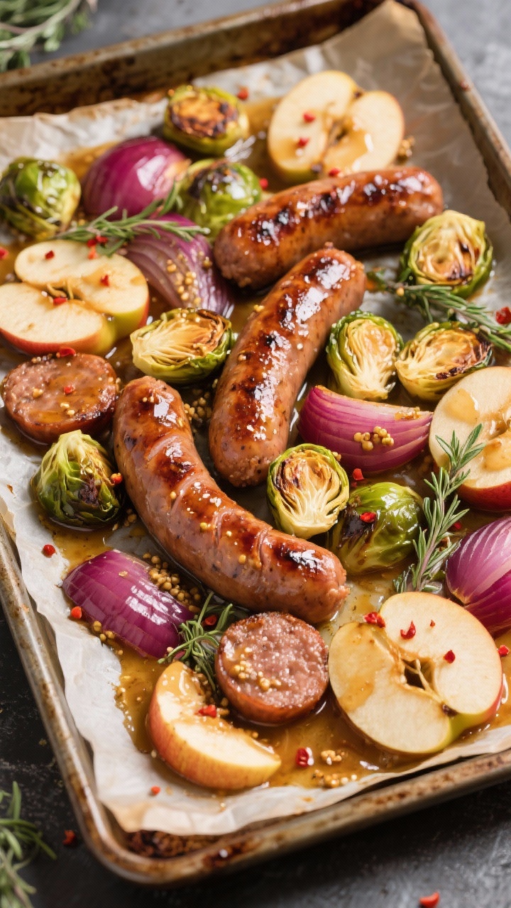 Overhead sheet-pan scene of one-pan sausage, apple, and Brussels bake; browned sausage coins nestled among halved Brussels sprouts with charred edges, red onion wedges, and caramelized slices of Honeycrisp apple; everything glossed with a visible maple-Dijon and whole-grain mustard glaze pooling slightly on the pan; sprinkle of fresh thyme leaves; optional crushed red pepper flakes adding specks of red; high-contrast roast marks, minimal rustic styling on a parchment-lined tray.