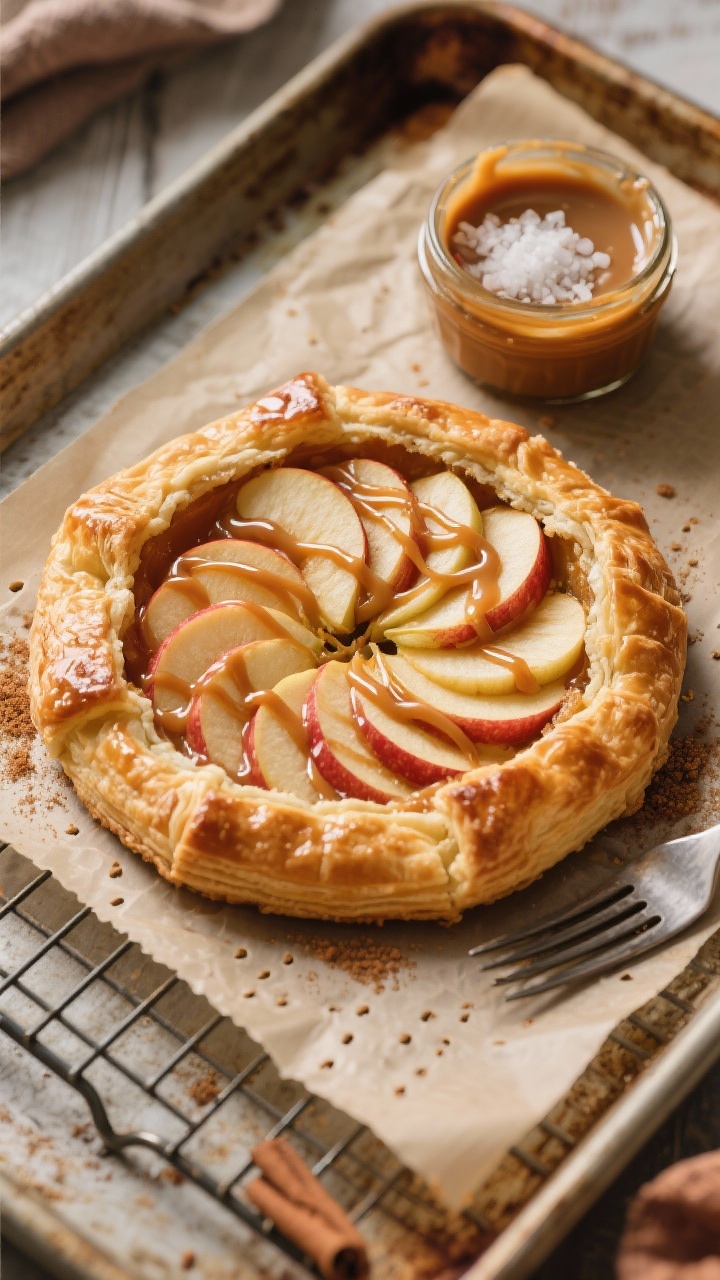 Overhead shot of a freshly baked caramel apple puff pastry tart on a parchment-lined baking sheet: golden, puffed pastry with a scored 1-inch border, fanned Honeycrisp apple slices glazed with warm jarred caramel, a light dusting of cinnamon sugar, extra caramel drizzled in glossy ribbons, and a small bowl of sea salt flakes nearby for a salted caramel option; warm, cozy fall mood on a rustic baking tray with a cooling rack, fork prick marks visible in the center, soft natural window light highlighting flaky layers.