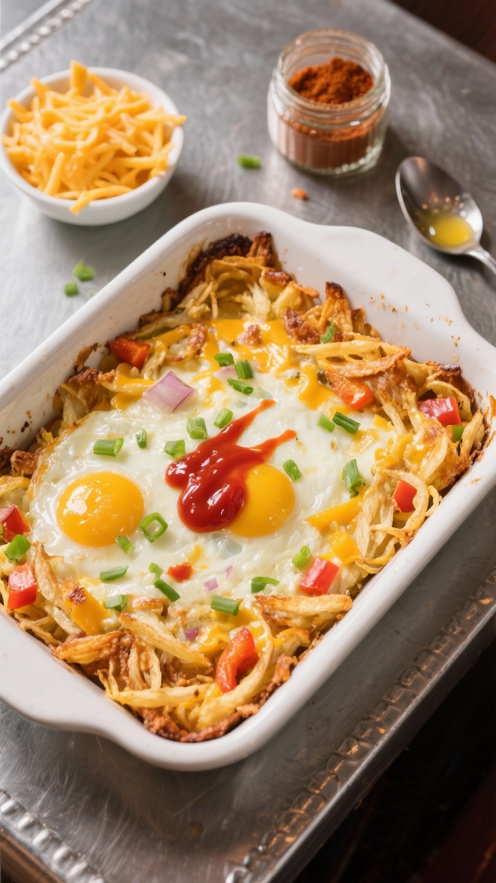 Overhead shot of a freshly baked crispy hash brown and cheddar breakfast casserole in a 9x13 white enamel baking dish: golden, frico-like cheddar edges, visible shredded hash browns, diced bell pepper, and flecks of onion under a glossy, set egg surface; a final scatter of chopped scallions and a drizzle of red hot sauce on top. Style on a diner-inspired chrome-and-formica surface with a small bowl of extra shredded sharp cheddar, a jar of smoked paprika, and a spoon with melted butter residue. Warm morning light, high contrast, crisp textures emphasized.