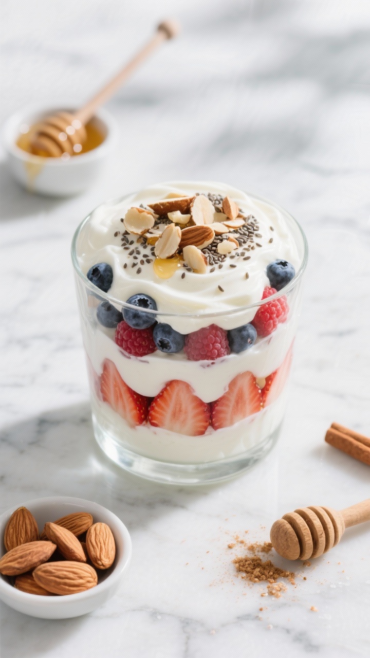 Overhead shot of a Greek Yogurt Power Parfait layered in a clear glass: fluffy plain 2% Greek yogurt whisked with vanilla protein, a vibrant mix of blueberries, raspberries, and strawberry slices, chopped almonds and almond slivers for crunch, sprinkled chia seeds, a dusting of ground cinnamon, and a tiny pinch of flaky sea salt; a delicate drizzle of honey glistening on top. Styled on a cool marble surface with a small bowl of extra almonds, a honey dipper, and a pinch bowl of cinnamon; bright morning light, crisp, clean, and fresh.