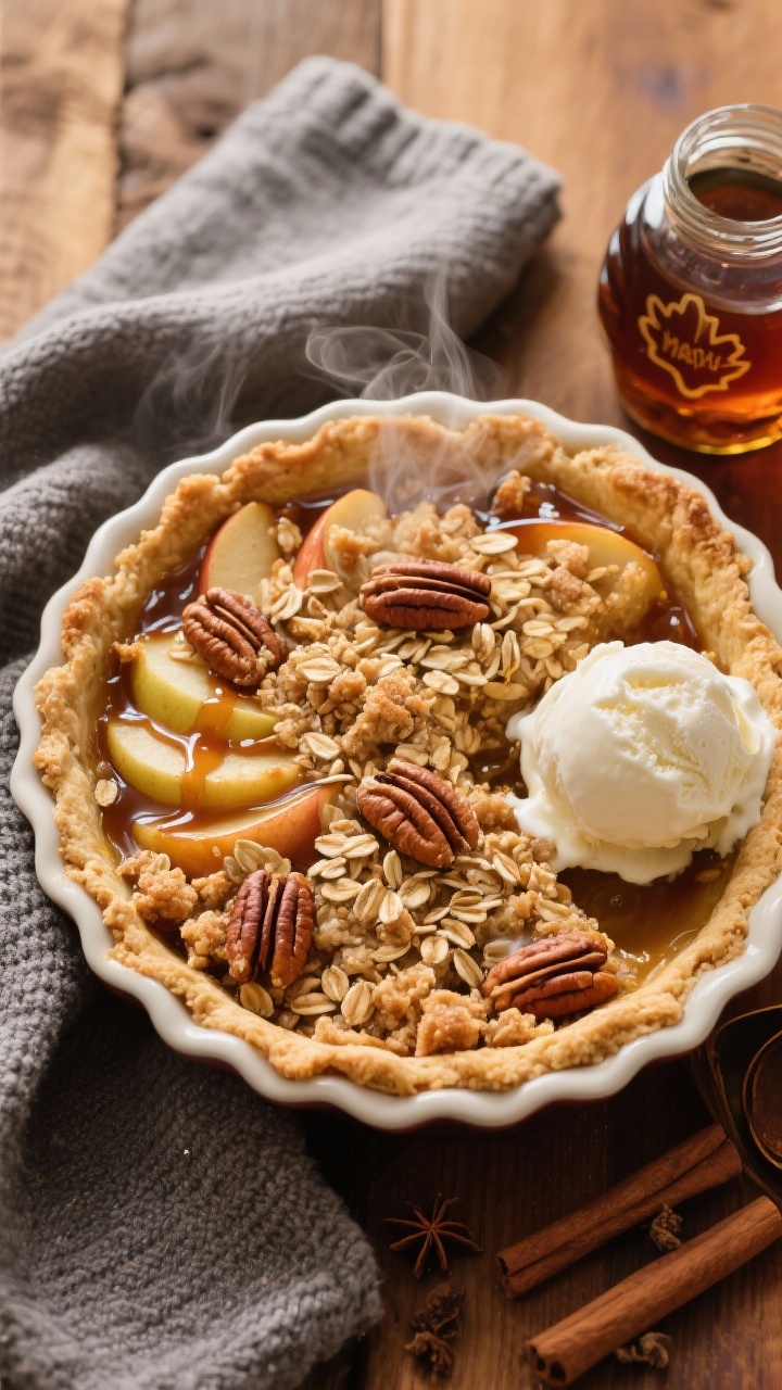 Overhead shot of a just-baked maple-cinnamon apple crumble in a 9-inch pie dish, golden oat-pecan topping crackly and buttery with visible toasted pecans, bubbling cinnamon-spiced apples peeking through at the edges; a scoop of melting vanilla ice cream sliding into the warm crumble, ribbons of maple syrup sheen, hints of nutmeg and clove in a small spice dish nearby; styled on a warm wood surface with a folded sweater-gray linen and a drizzle-streaked maple syrup jar; cozy, fall bakery aroma visual, steam gently rising.