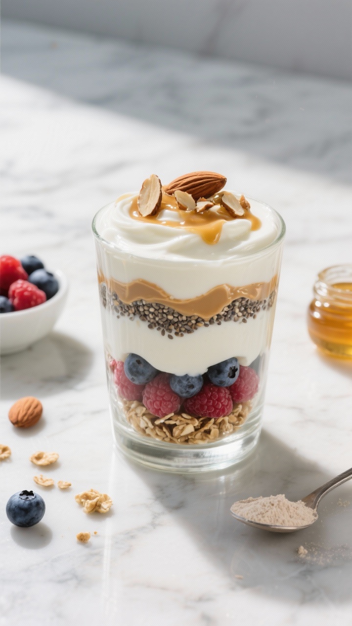 Overhead shot of a layered Greek Yogurt Power Parfait in a clear glass on a cool marble surface: creamy plain nonfat Greek yogurt whisked with vanilla protein powder and vanilla extract, swirled with chia seeds and a pinch of cinnamon, alternating layers of mixed berries (blueberries, raspberries), glossy drizzle of almond butter and a touch of honey, topped with toasted sliced almonds and a sprinkle of high-fiber granola; extra elements scattered around include a small bowl of berries, a spoonful of protein powder, and a tiny jar of honey; bright morning light, crisp, clean styling, high contrast to emphasize creamy vs. crunchy textures.