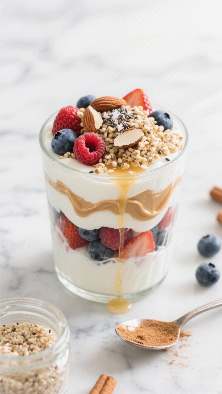 Overhead shot of a layered Greek Yogurt Power Parfait in a clear glass: thick 2% Greek yogurt whisked with vanilla protein, swirls of almond butter, layers of mixed berries (blueberries, raspberries, strawberries), and a crunchy topping of cooked-cooled quinoa mixed with sliced almonds, chia seeds, a pinch of cinnamon and sea salt; finished with a light honey drizzle. Style on a cool marble surface with a small jar of the premade quinoa-almond mix, a spoon dusted with cinnamon, and a few scattered berries. Bright morning light, crisp textures, clean, fresh, high-protein breakfast vibe.