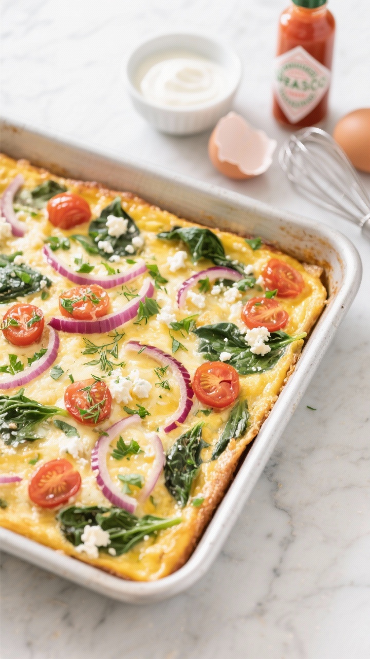 Overhead shot of a Speedy Veggie Frittata Bake just out of the oven in a shallow 9x13 pan: set golden edges, custardy center, cherry tomatoes and red onion ribbons visible, baby spinach flecks, crumbled feta and melted mozzarella mottling the surface, sprinkled with chopped parsley and dill. Minimal styling on a light marble surface with a small bowl of yogurt and a bottle of hot sauce nearby, egg shells and a whisk off to the side to hint at the quick bake. Bright, savory, fresh-herb mood, natural morning light, crisp detail.