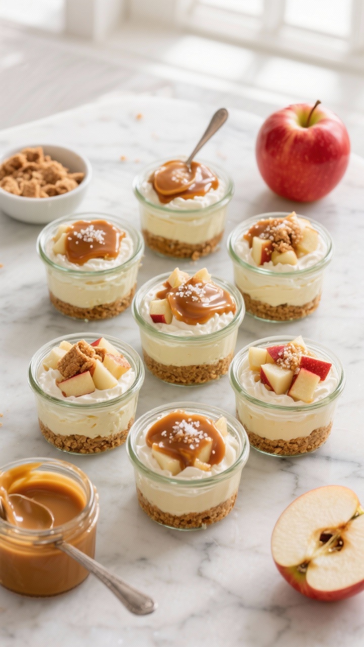 Overhead shot of caramel apple cheesecake cups assembled in six small glass jars on a cool marble surface: visible layers of buttery graham cracker crust, tangy cream cheese filling folded with whipped cream, a layer of finely diced cinnamon-dusted apple, and glossy caramel spooned on top with an extra drizzle and a tiny pinch of flaky salt. Include a small bowl of crushed graham crackers, a jar of caramel sauce with a spoon, and a halved red apple showing juicy texture. Warm fall tones, soft natural window light, crisp focus on caramel sheen and apple cubes, no people.