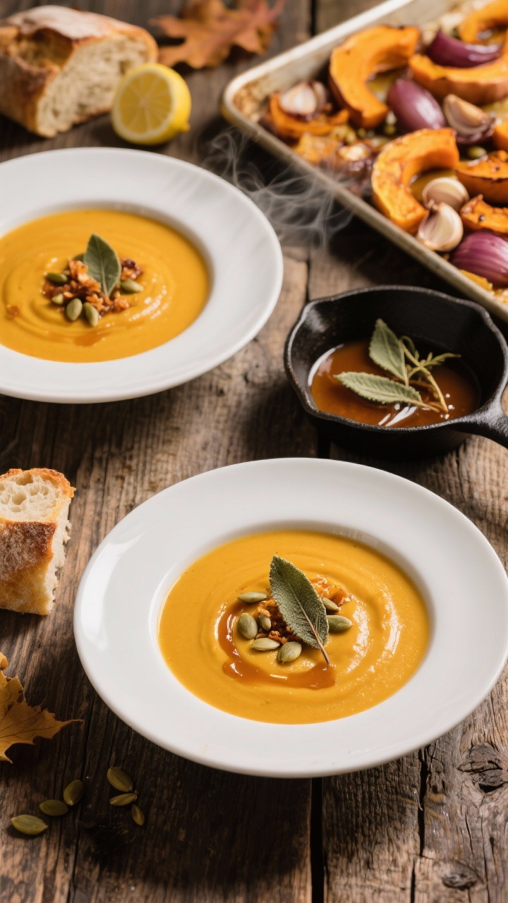 Overhead shot of creamy roasted butternut squash soup served in wide, shallow white bowls on a rustic wooden table; silky golden-orange soup with a visible drizzle of brown butter, crispy fried sage leaves, and toasted pumpkin seeds on top; a small skillet with browned butter and extra sage at the side, a sheet pan of caramelized roasted squash, onion, and garlic in the background; props include a lemon wedge and a slice of crusty bread, warm autumn lighting, steam visible, rich contrast to emphasize the soup’s velvety texture.