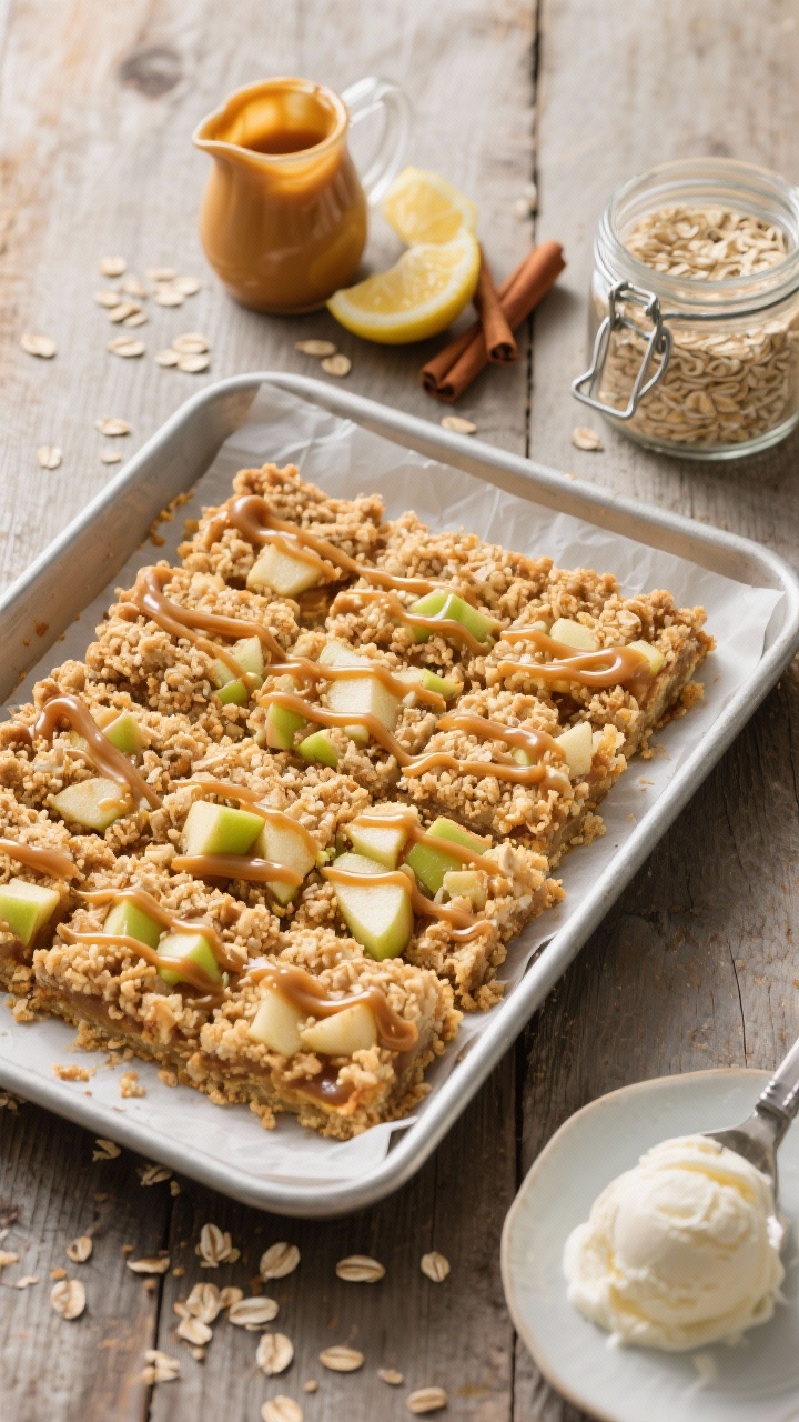 Overhead shot of neatly sliced caramel apple crumble bars on parchment in a 9x13 pan, showing golden oat-crumble top and visible diced Honeycrisp/Granny Smith apple filling with gooey caramel ribbons; a small pitcher of warm caramel mid-drizzle, cinnamon sticks, lemon wedge, and a jar of old-fashioned oats as props; textures crisp and crumbly with bubbling caramel set; cool, cozy fall mood on a rustic wood surface, neutral light, shallow crumbs scattered, optional vanilla ice cream scoop on a side plate