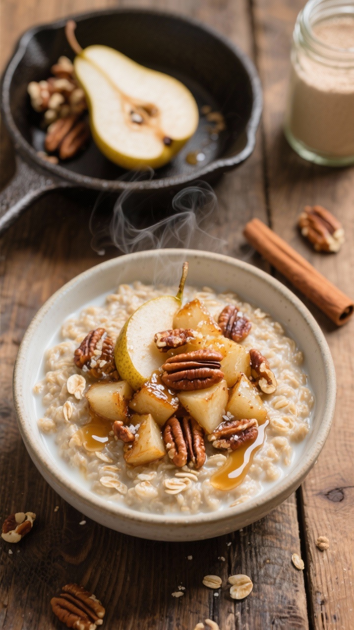 Overhead shot of Protein Oatmeal with Cinnamon Pears and Toasted Pecans: a warm bowl of creamy rolled oats cooked in almond milk and whisked with vanilla protein powder, topped with skillet-sautéed diced pear caramelized in coconut oil with cinnamon, nutmeg, and a pinch of sea salt. Toasted chopped pecans scattered over, a light drizzle of pure maple syrup glistening. Props include a small cast-iron skillet with remaining pears, a jar of pecans, and a cinnamon stick; cozy, steam visible, wood tabletop.