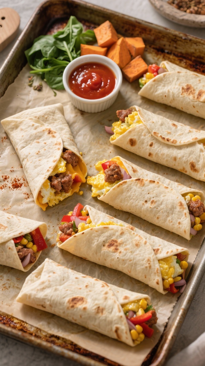 Overhead shot of sheet-pan breakfast burritos fresh from the oven: eight flour tortillas, seam-side down, lightly crisped and golden on parchment-lined sheet pan, one burrito cut open to reveal glossy soft-scrambled eggs with melted cheddar, sautéed onion and red bell pepper, sweet corn, and crumbled turkey sausage, flecks of smoked paprika and cumin visible; side ramekins of hot sauce and salsa, scattered chopped spinach and roasted sweet potato cubes as optional mix-ins, warm, cozy morning light on a rustic metal sheet.