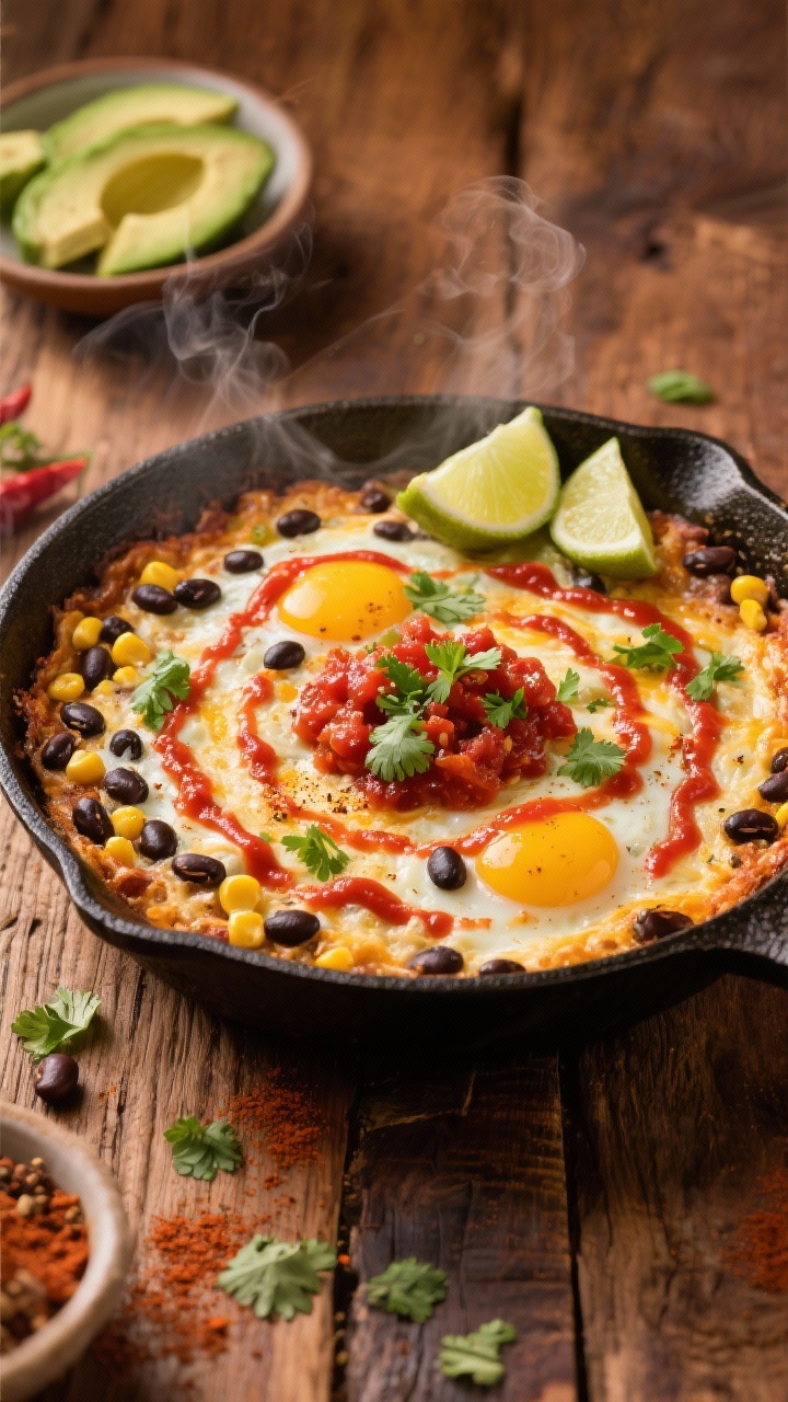 Overhead skillet scene of Tex-Mex Black Bean And Egg Skillet Casserole in a 12-inch cast-iron pan: set center with a lightly browned cheese crust (reduced-fat Mexican blend), swirls of chunky red salsa dolloped on top, visible black beans, corn kernels, and flecks of chili powder and cumin. Garnish with chopped fresh cilantro, lime wedges, and a small dish of avocado slices at the edge; vibrant, saturated colors, rustic wooden table, lively Tex-Mex mood, steam subtly rising.