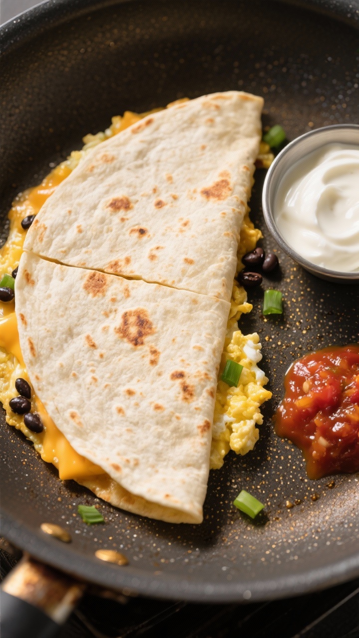 Overhead skillet shot of a folded savory breakfast quesadilla mid-cook: a large flour tortilla folded in half, edges crisping, melty Monterey Jack peeking out, soft scrambled eggs, scallions, and a few black beans visible at the seam, a thin smear of chunky low-liquid salsa just inside, dry nonstick pan with golden spots, a small cup of thick Greek yogurt dip on the side, warm directional light emphasizing crunch