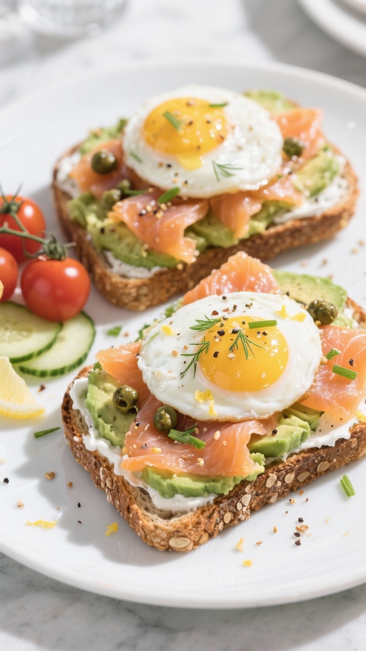 Plated brunch presentation at 45-degree angle of savory smoked salmon and avocado protein toast: two slices of toasted sprouted whole-grain bread spread thinly with Greek yogurt, topped with smashed avocado (lemon, salt, pepper), silky ribbons of smoked salmon, capers, fresh dill and chives, everything bagel seasoning, and a whisper of lemon zest. Each toast crowned with a soft-poached egg with a runny yolk glistening. Add a side of cherry tomatoes and cucumber ribbons for crunch. Clean, upscale, coastal freshness, bright daylight with gentle shadows.