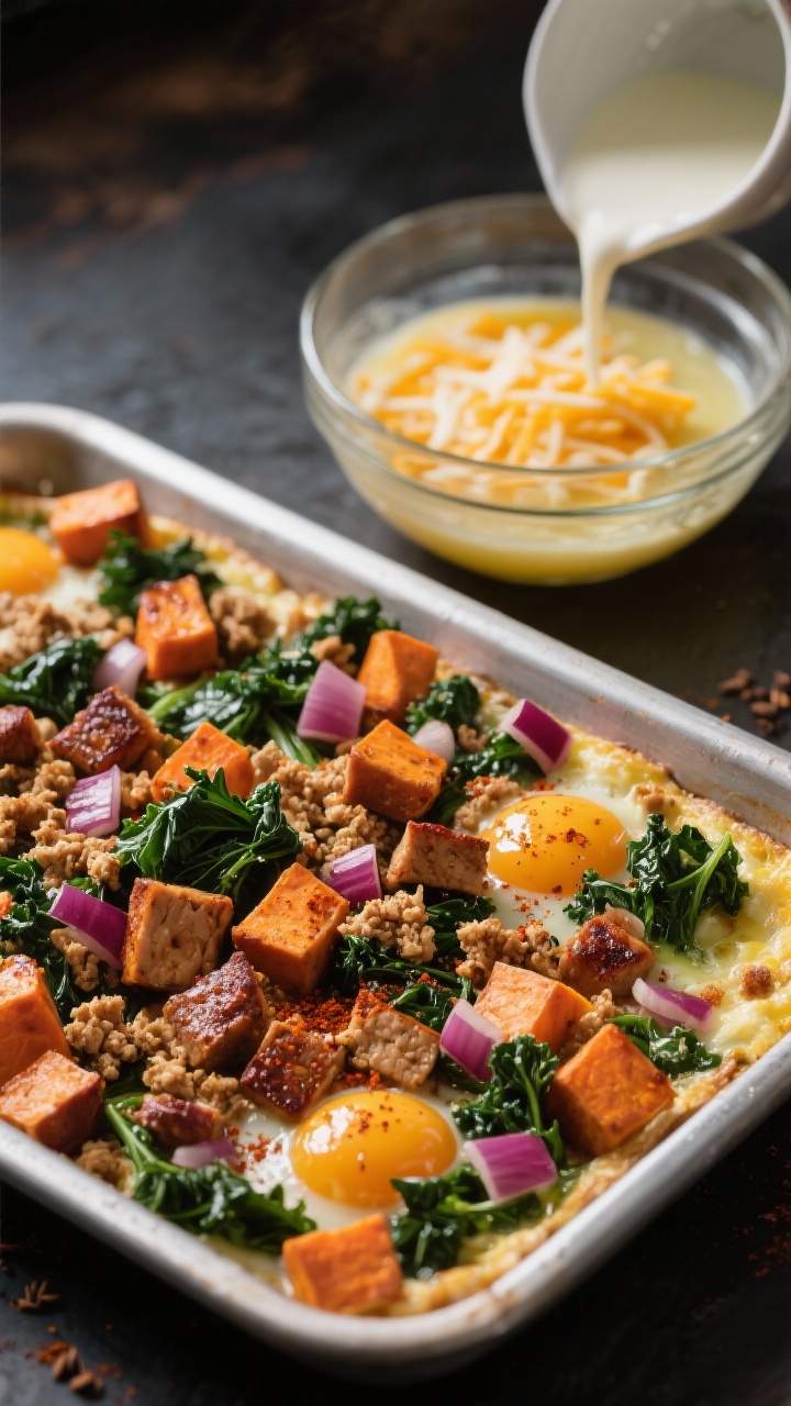 Process shot, straight-on at pan level, showing the Smoky Tempeh, Kale, and Sweet Potato mixture just transferred to a greased 9x13 dish before eggs are poured: caramelized cubes of sweet potato, browned crumbled tempeh, glossy wilted kale, and diced red onion with a dusting of smoked paprika and cumin; a glass bowl of whisked eggs and milk with grated smoked mozzarella/gouda nearby ready to pour; warm, hearty brunch vibe with deep, rich tones; crisp clarity emphasizing textures.