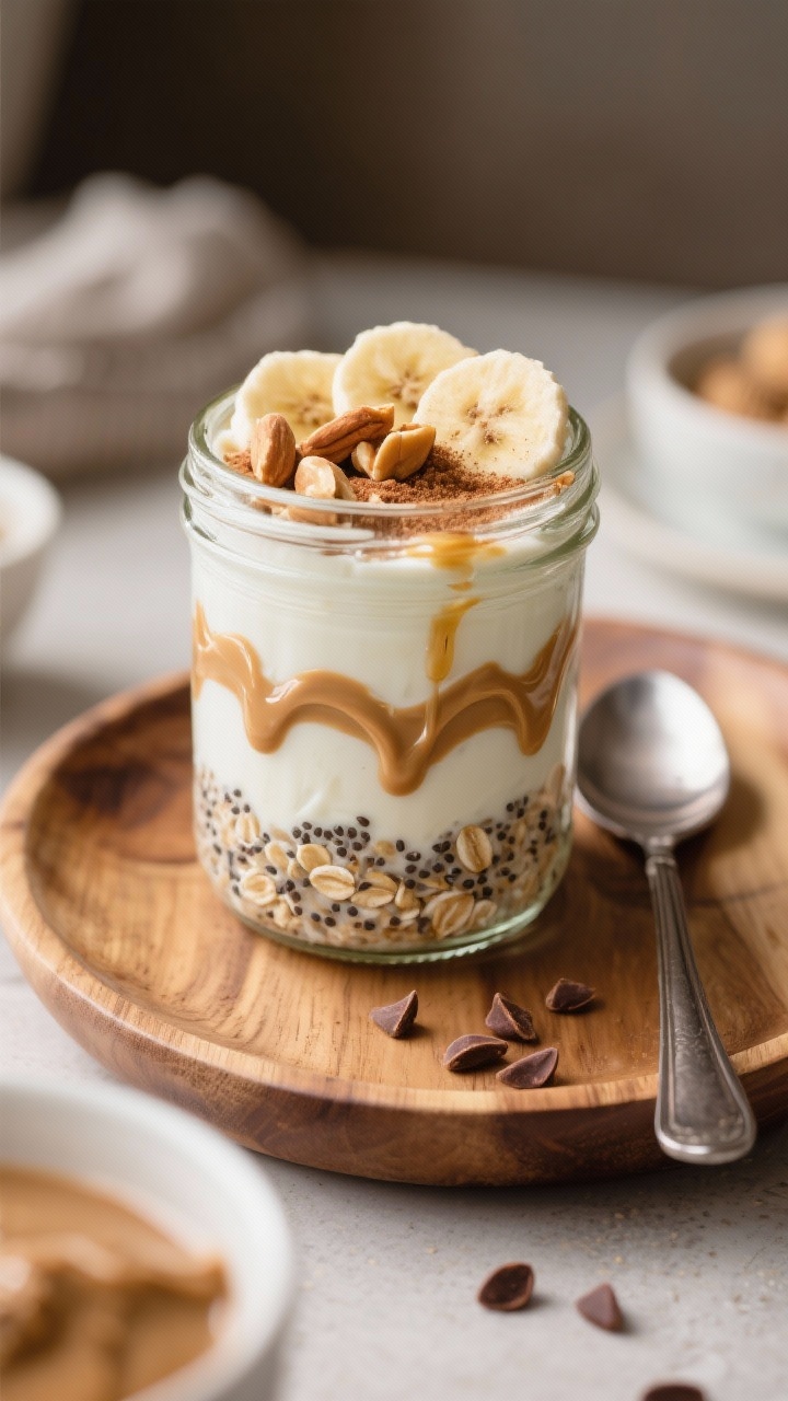 Straight-on close-up of a glass jar of Peanut Butter Banana Overnight Oats: visible layers of oats, chia seeds, and Greek yogurt blended with peanut butter and milk, swirled ribbons of peanut butter on the inside of the jar; topped with banana slices, chopped peanuts, a dusting of cinnamon, and a drizzle of maple syrup; set on a wooden breakfast tray with a spoon and a few scattered cacao nibs; cool, creamy texture emphasized, bright, cozy morning vibe.