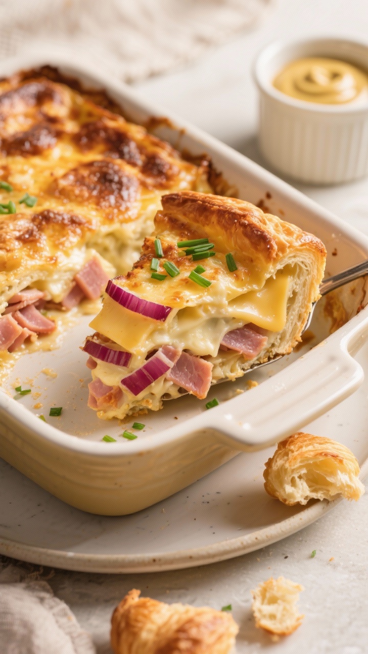 Straight-on close-up of a ham and Swiss croissant casserole slice lifted from a medium casserole dish: buttery croissant layers visibly soaked in silky custard with ribbons of red onion, diced ham, melted Swiss/Gruyère, and a hint of nutmeg. The remaining casserole shows a bronzed, lightly puffed top. Garnish with chopped chives on the slice, a small pot of whole-grain mustard in frame, and a few torn croissant pieces on a plate. Elegant brunch styling, soft golden light.