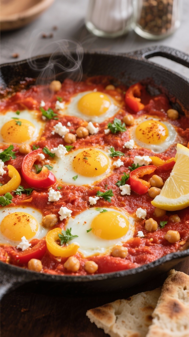 Straight-on close-up of a Mediterranean Chickpea Shakshuka Bake in a large oven-safe skillet: rich red crushed tomato sauce with sliced red and yellow bell peppers and chickpeas, six eggs baked into small wells with set whites and jammy yolks, sprinkled with crumbled feta and chopped parsley. A lemon wedge and whole-grain pita pieces at the edge of the frame; a slight swirl of steam and hints of cumin and smoked paprika in the styling (spice jars blurred in the background). Bold, sunny color palette.