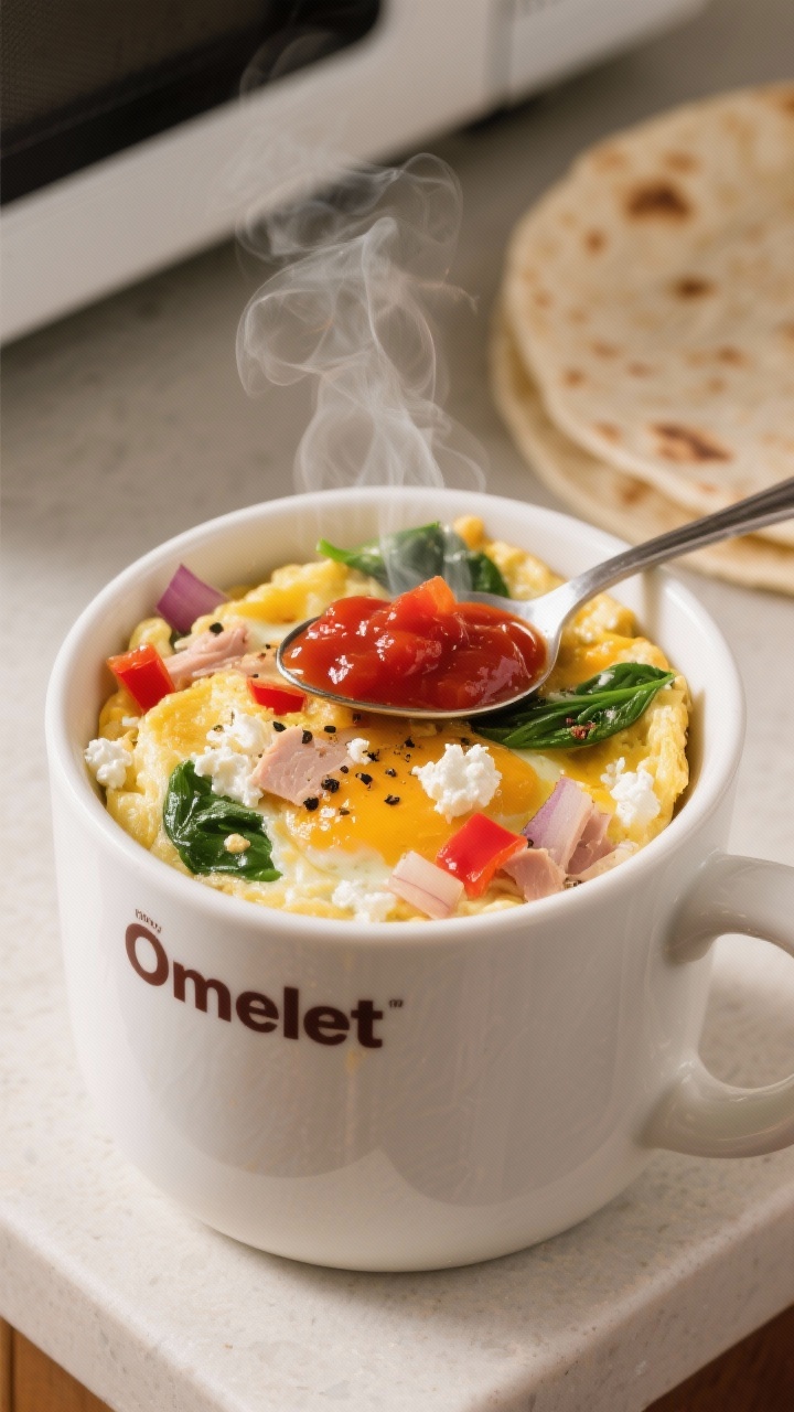Straight-on close-up of a steaming Microwave “Omelet” Mug just out of the microwave: a large white mug filled with fluffy curds of eggs and egg whites studded with cottage cheese pockets, melted cheddar, wilted spinach, red bell pepper bits, onions, and chopped deli turkey; flecks of black pepper and garlic powder visible; topped with a spoonful of bright red salsa and a dash of hot sauce; placed on a simple countertop with a folded tortilla in the background, minimal props, warm diner-like lighting.