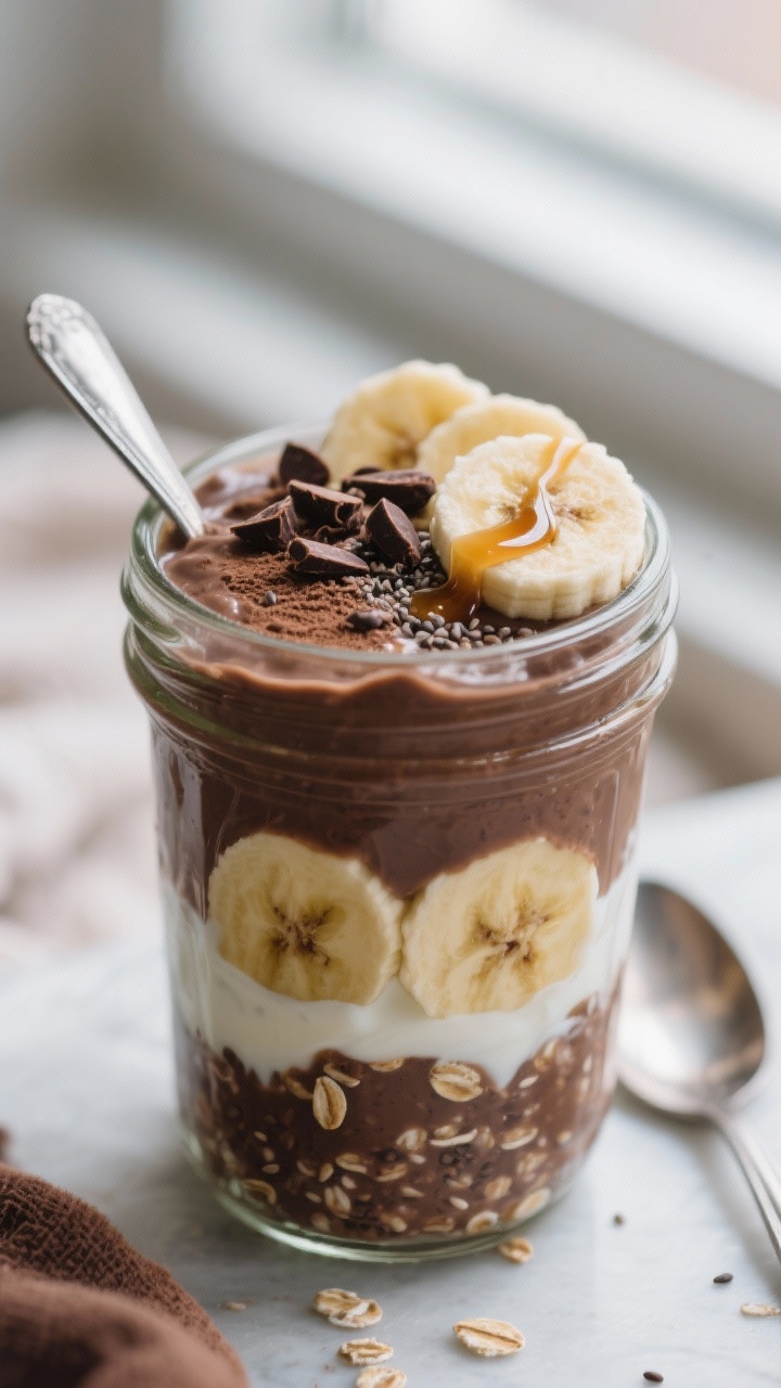 Straight-on close-up of chocolate banana overnight oats in a glass jar: thick, pudding-like oats made with rolled oats, Greek yogurt, almond milk, chocolate whey, chia seeds, cocoa powder, and a pinch of salt; layered slices of ripe banana pressed against the glass, topped with more banana and a few cacao nibs for crunch. Minimal maple syrup drizzled on top, spoon resting beside the jar; cool, cozy morning mood, soft window light, rich chocolate tones.
