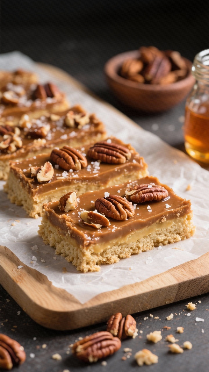 Straight-on close-up of no-bake pecan pie bars on a parchment-lined cutting board: clean slices showing a firm shortbread cookie crumb base bound with butter and salt, topped with a glossy maple–brown sugar–almond butter layer studded with toasted chopped pecans and a hint of cinnamon. A sprinkle of flaky salt glistens on top. Include a small bowl of toasted pecans, a jar of pure maple syrup, and crumbs scattered naturally. Warm, moody lighting with high micro-contrast to highlight gooey texture and nutty crunch.