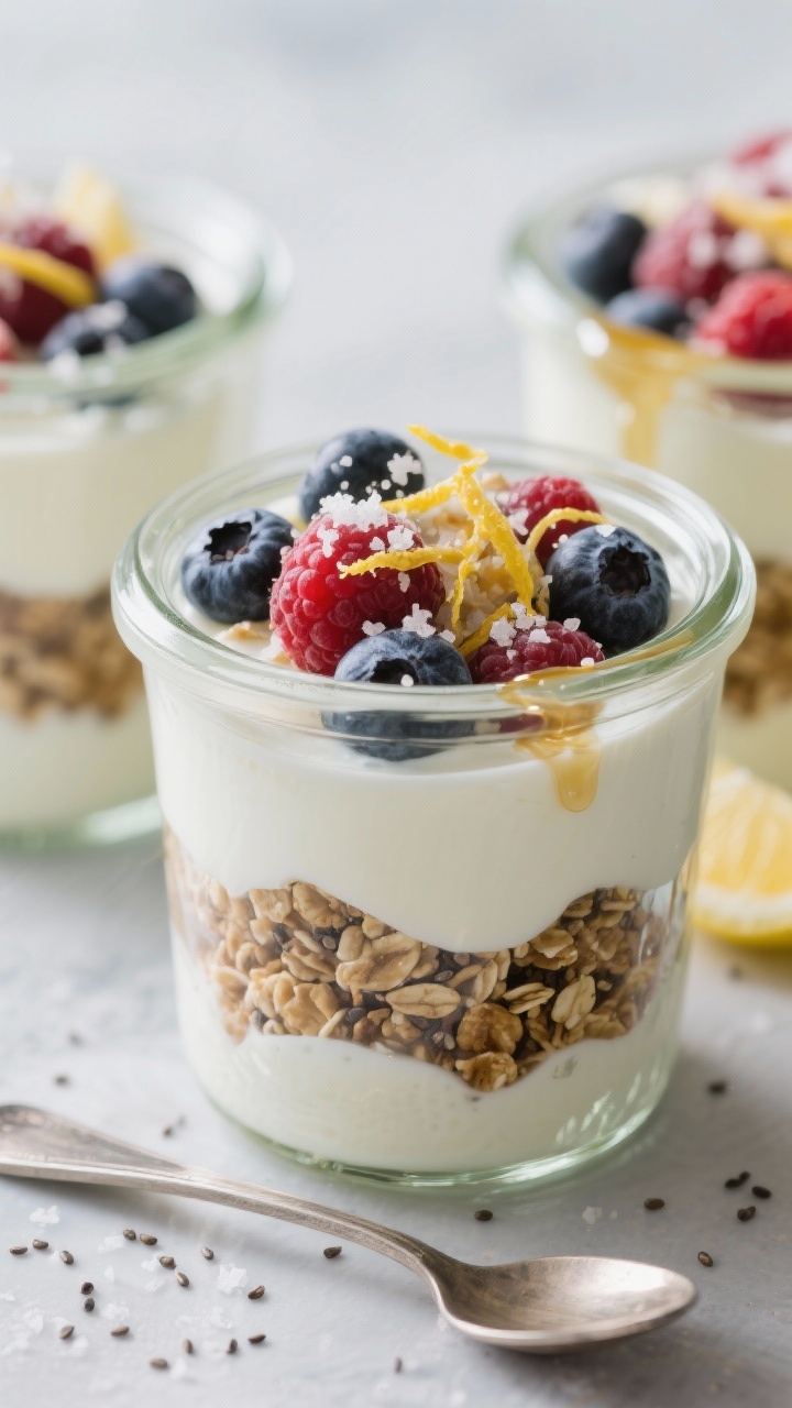 Straight-on close-up of yogurt parfait jars: thick vanilla Greek yogurt layered with mixed berries tossed in lemon zest and a pinch of flaky salt, chunky low-dust granola in distinct layers, chia seeds sprinkled on top, a restrained honey drizzle only on the surface to keep layers crisp, served in clear glass jars with teaspoons, cool tones and crisp reflections for a dessert-like yet neat look