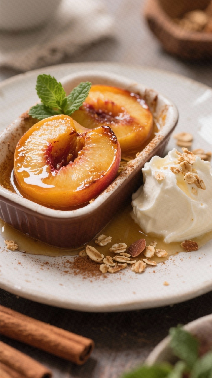 Straight-on dessert-for-breakfast scene: honey-butter baked peaches in a small baking dish, halves caramelized and syrupy, cinnamon-dusted, served on a plate with a voluptuous dollop of vanilla mascarpone just starting to melt; sprinkle of crushed almonds or granola for crunch, fresh mint leaves for pop; warm amber tones with highlights on the honey glaze; simple, elegant styling to emphasize coziness and romance.