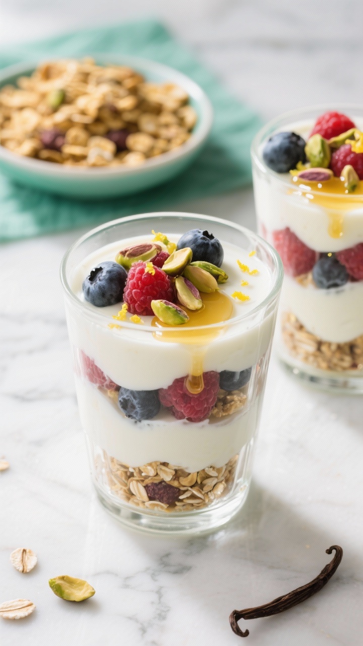 Straight-on glassware presentation: vanilla bean yogurt parfaits layered in clear tumblers—Greek yogurt speckled with vanilla, mixed berries, a sprinkle of lemon zest, and crunchy pistachio granola with oats and coconut; honey drizzle catching the light, extra chopped pistachios on top; a small dish of baked golden granola behind; bright, fresh tones of ruby, emerald, and cream; clean marble backdrop for a chic, no-cook morning vibe.