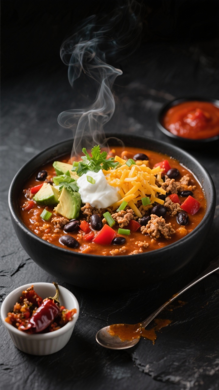 Straight-on, hearty bowl of Smoky Pumpkin Chipotle Chili: thick, velvety rust-orange base from pumpkin and tomatoes with visible black and kidney beans, ground turkey crumbles, and red bell pepper pieces; steam wafting; topped with diced avocado, a dollop of Greek yogurt, shredded cheddar, sliced scallions, and cilantro; serve in a matte black bowl on a dark slate surface with a spoon trailing chili; small ramekin holding minced chipotles in adobo and a smear of tomato paste in the background; rich, moody lighting to emphasize smoky depth and warmth.