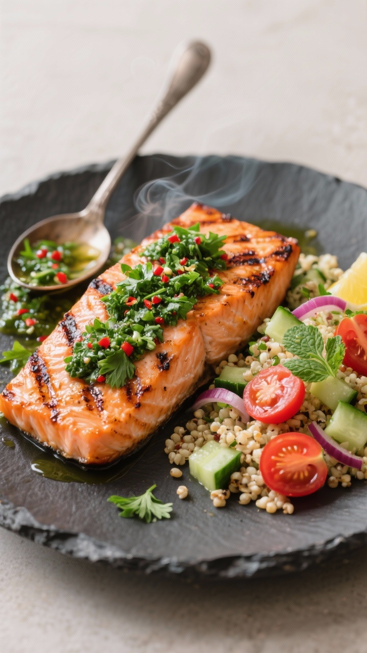Straight-on hero shot of “Grilled Chimichurri Salmon With Tomato-Cucumber Quinoa”: char-marked salmon fillets glistening with fresh green chimichurri (parsley, cilantro, red wine vinegar, olive oil, red pepper flakes) spooned on top; plated beside a fluffy quinoa salad flecked with cherry tomato halves, diced cucumber, red onion, parsley, and mint, lightly dressed with lemon juice and olive oil; subtle grill smoke ambiance, summery color pop, served on a dark stone plate against a neutral background to make the greens and reds sing.