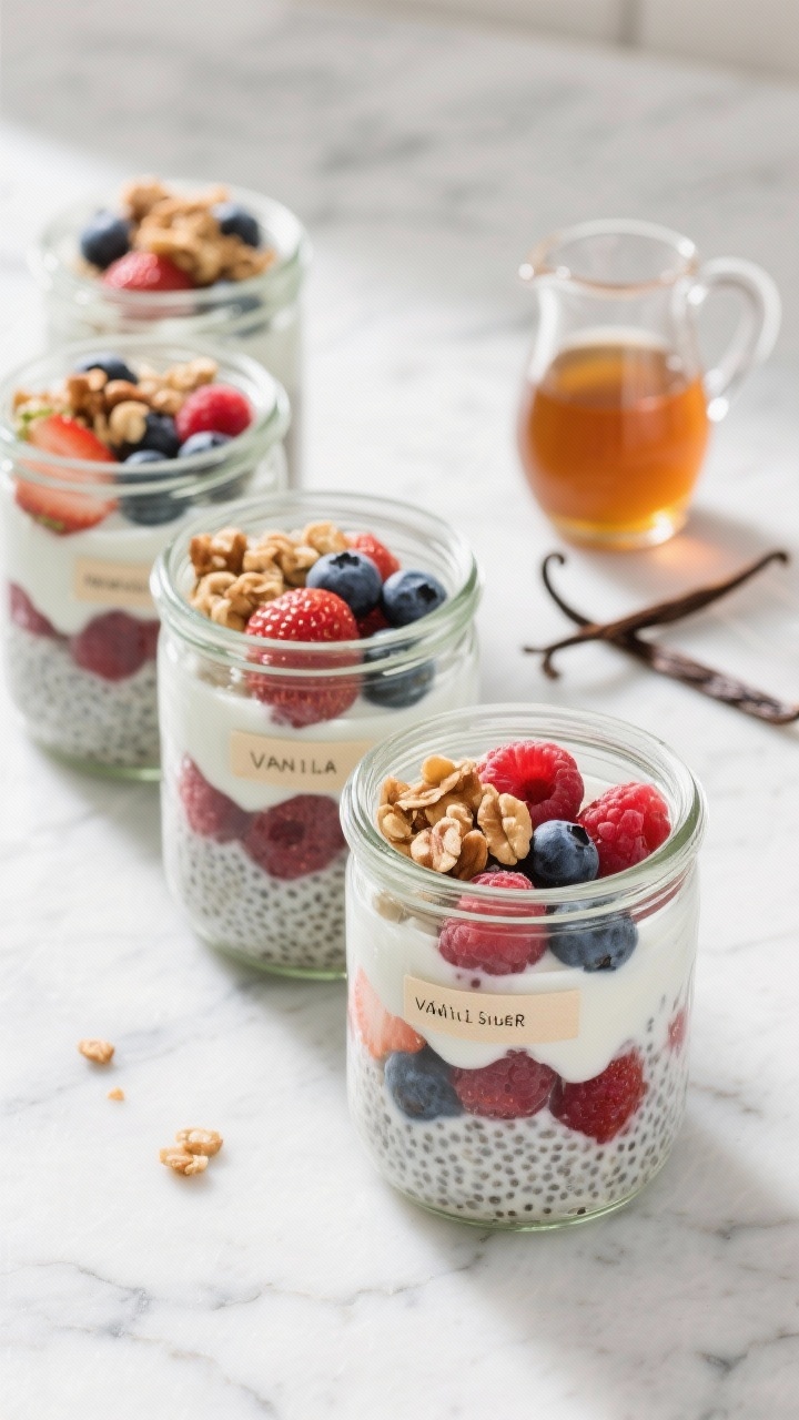 Straight-on jar parfait lineup of overnight chia pudding: four clear glass jars layered with thick, creamy chia-yogurt mixture (tiny hydrated chia pearls visible) and mixed berries (strawberries, blueberries, raspberries) topped with a sprinkle of granola and toasted nuts; a small pitcher of maple syrup and a vanilla pod off to the side; cool morning light, marble surface, clean minimal styling, labels indicating vanilla and a pinch of cinnamon.