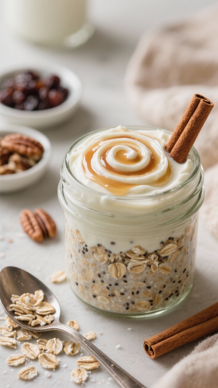 Straight-on jar shot of cinnamon roll overnight oats, showcasing creamy texture and swirled “frosting”: a glass jar filled with rolled oats mixed with vanilla protein, chia seeds, cinnamon, a pinch of sea salt, almond milk, and blended low-fat cottage cheese. On top, a glossy swirl of Greek yogurt–light cream cheese “frosting” with a few drops of maple syrup, dusted lightly with cinnamon. Include small dishes of pecans and raisins as optional toppings, a spoon resting with a bit of oats, and a cinnamon stick for cue. Soft morning light, cozy, indulgent-cinnamon vibe.