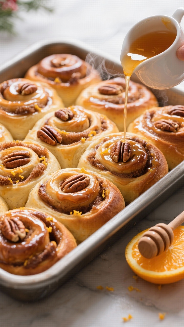 Straight-on pan shot of sticky cinnamon pecan buns fresh from the oven in a 9x13 pan, spirals glossy and golden with gooey cinnamon-brown sugar filling and toasted pecans nestled in the swirls; a small pitcher mid-pour of orange-honey glaze, thick ribbons glazing the warm buns, flecks of orange zest visible; soft morning light, a light wisp of steam, and a citrus half and honey dipper placed to the side to cue flavors; indulgent, holiday-morning mood.
