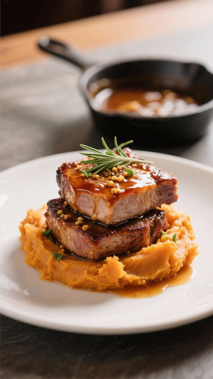 Straight-on plated entrée: cider-glazed pork chops stacked with a glossy, amber apple-cider and whole-grain mustard reduction, speckled with chopped rosemary, served alongside a generous scoop of buttery sweet potato mash with a whisper of cinnamon. The glaze gently drips over the chop, catching light; a small skillet with remaining sauce blurred in the background. Warm, restaurant-style lighting, minimal props, focus on juiciness and lacquered finish.