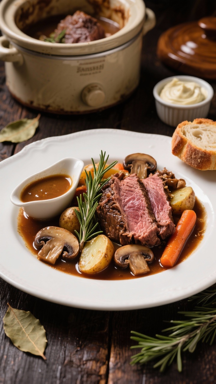 Straight-on, plated presentation of Cider-Braised Pot Roast with Rosemary and Mushrooms: thick slices and shreds of beef chuck roast resting in a glossy, cider-beef broth with halved cremini mushrooms, tender baby potatoes, and chunky carrots, flecked with rosemary. A small gravy boat shows reduced sauce with a satin sheen. Behind the plate, a rustic crockpot insert with remaining roast; to the side, crusty bread and a ramekin of horseradish cream. Warm, tavern-like mood, dark wood table, bay leaves and rosemary sprigs as subtle props.