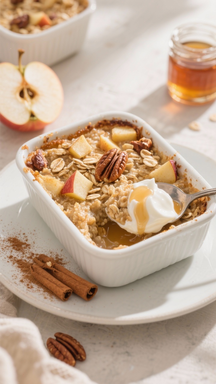 Straight-on plated presentation of cozy apple-cinnamon baked oats for two in a small white baking dish, lightly golden on top with visible diced apple pieces, oats, and a sprinkle of chopped pecans. A spoonful scooped out to reveal the soft, custardy interior; a dollop of Greek yogurt melting into the warm oats and a drizzle of maple syrup glistening. Cinnamon dusting on the surface, a nearby apple half and a small jar of maple syrup for context. Gentle morning light, soft shadows.