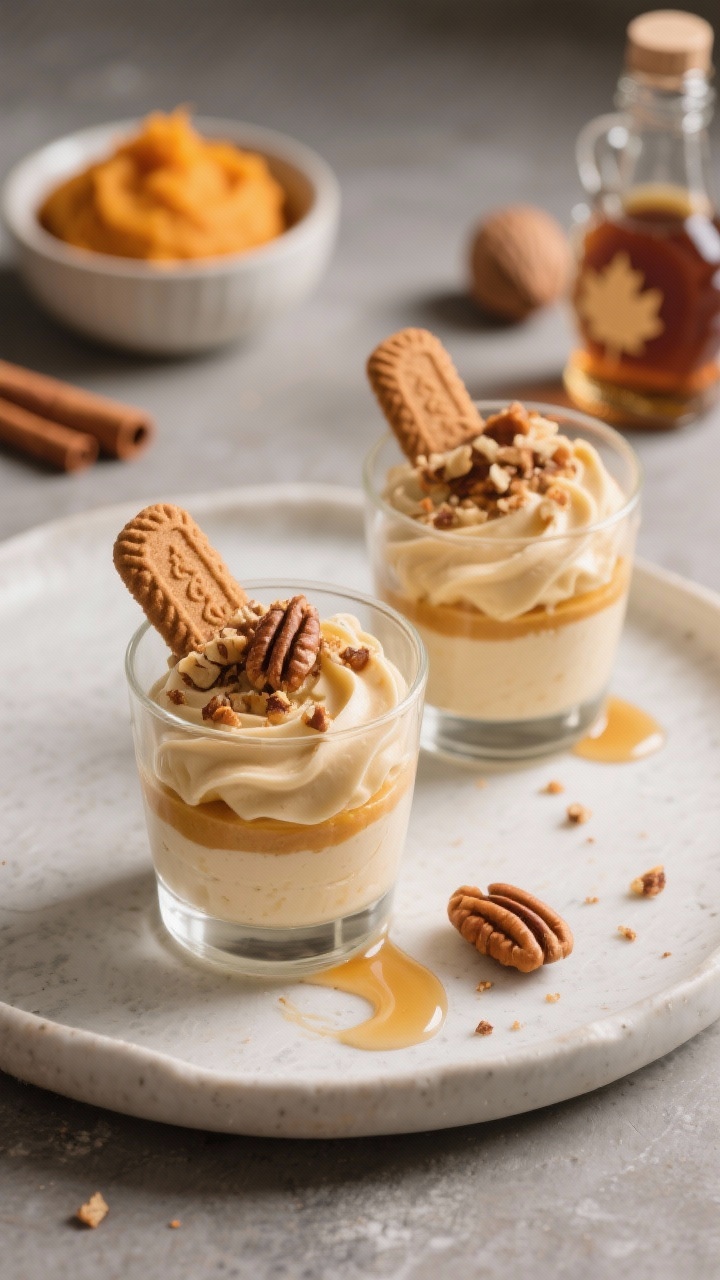 Straight-on plated presentation of maple pumpkin mousse portioned into clear stemless glasses, silky and airy with soft swirls; topped with crushed gingersnaps and chopped toasted pecans, a light drizzle of maple syrup catching the light; background props include a small bowl of pumpkin purée, a maple syrup bottle, and whole spices (cinnamon stick, nutmeg) softly out of focus; warm autumn tones, clean highlights, minimalistic styling on a matte stone surface