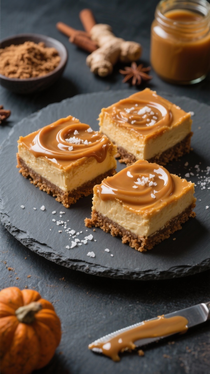 Straight-on plated presentation of Salted Caramel Pumpkin Cheesecake Bars with a gingersnap crust: clean, square bars with a glossy swirl of thick salted caramel baked on top, finished with a fresh caramel drizzle and a pinch of flaky sea salt; layers clearly defined (crisp gingersnap base, creamy pumpkin cheesecake) on a matte slate platter; background props include a small bowl of gingersnap crumbs, cinnamon, ginger, cloves, and nutmeg, plus a jar of caramel sauce and a knife with caramel trails; cool, moody lighting to emphasize sheen and texture.