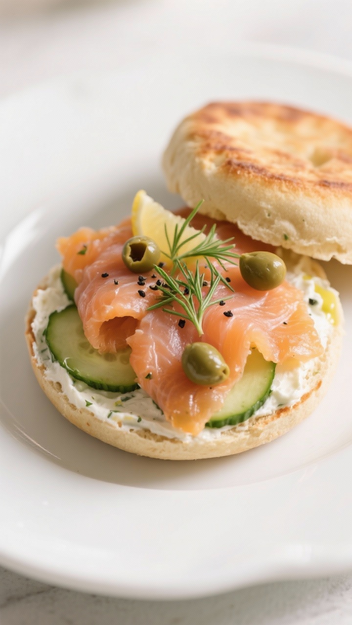 Straight-on plated presentation of smoked salmon English muffin with herbed cream cheese: toasted muffin halves spread with lemon-dill-chive cream cheese, layered with thin cucumber rounds, silky folds of smoked salmon, a few capers (patted dry), crackled black pepper on top, optional thin Dijon smear peeking at the edge, served open-faced on a white plate with clean, café-style morning light and minimal garnish
