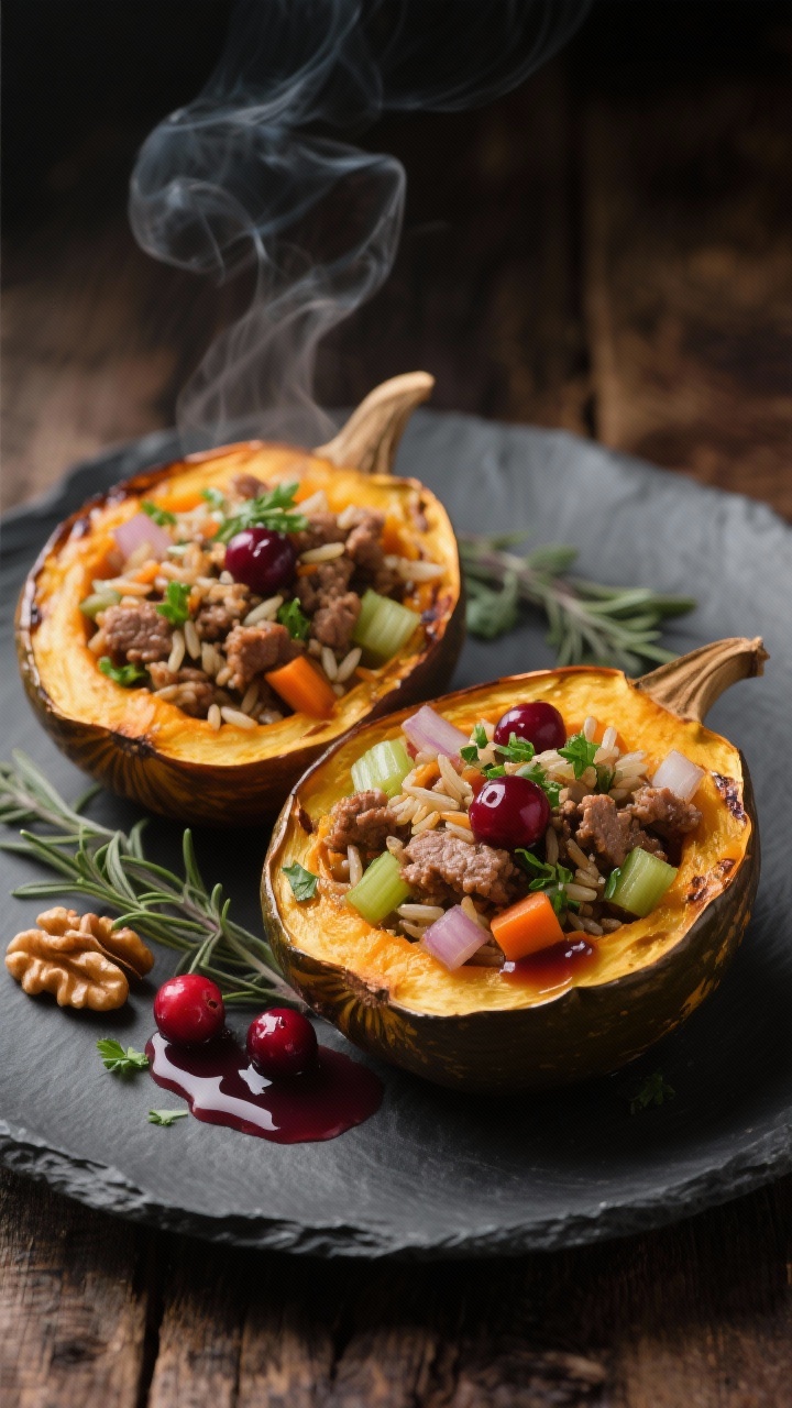 Straight-on plated presentation: roasted acorn squash halves acting as bowls, generously stuffed with a savory mix of browned lean ground turkey, wild rice blend, diced onion, celery, carrot, garlic, dried sage and thyme; garnish of chopped parsley and optional toasted walnuts for texture; a glossy cranberry drizzle (cranberry sauce, apple cider vinegar, maple) artfully spooned over the filling and pooling on the plate; warm, moody lighting, slate plate on rustic wood, steam visible, inviting weeknight-elegant vibe.