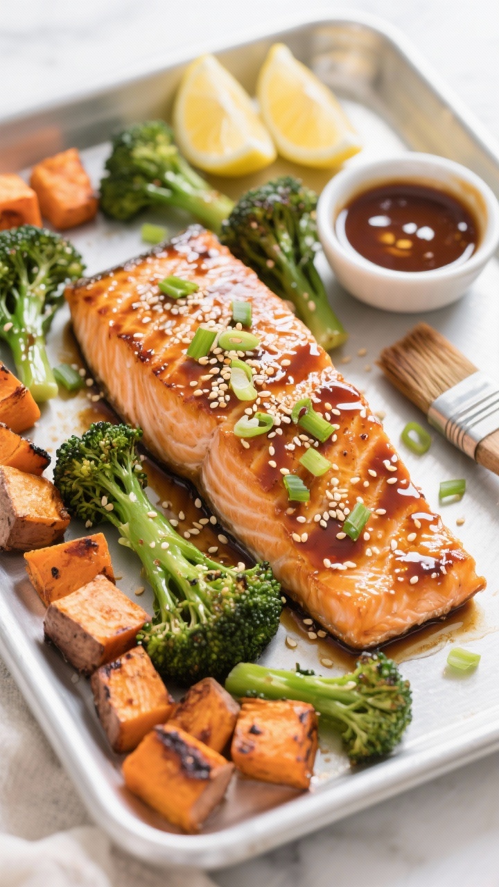 Straight-on plated presentation with process context: miso-glazed salmon fillets, skin-on, broiled to a lacquered caramelized sheen, slightly translucent center; arranged on a sheet pan flanked by roasted sweet potato cubes and charred-tipped broccolini; sesame seeds and sliced scallions sprinkled over salmon, lemon wedges on the side; a small bowl of glossy miso-soy-honey glaze with brush nearby; crisp, clean styling, high key lighting to emphasize the glaze’s shine and the vibrant greens and orange.