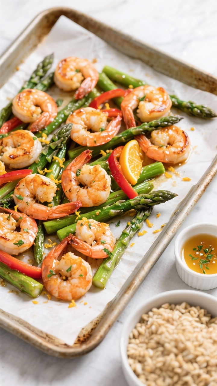 Straight-on sheet pan scene for Citrus Herb Shrimp with Asparagus: a parchment-lined pan featuring jumbo shrimp and spring-green asparagus spears with red bell pepper strips, all glossed with a citrus-herb dressing (orange and lemon zest visible). Caramelized edges from roasting, a small ramekin of remaining dressing (honey, Dijon, herbs) in the corner, finishing sprinkle of extra zest. A side bowl of cooked farro ready for serving. Bright, fresh, weeknight-easy mood with crisp highlights and clean composition.