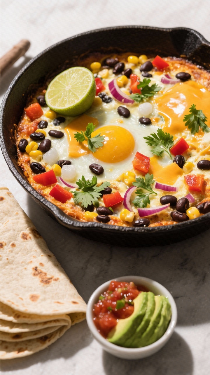 Straight-on skillet casserole of Southwest Egg and Black Bean: an oven-safe 10–12 inch cast-iron pan filled with set egg custard studded with black beans, frozen corn kernels, diced red bell pepper, and red onion, topped with melted pepper jack. Fresh cilantro sprinkled after a brief rest, a lime half and a small bowl of salsa and sliced avocado nearby, warm tortillas stacked off to the side. Vibrant, chili-lime, colorful Southwest energy, clean shadows and punchy contrast.
