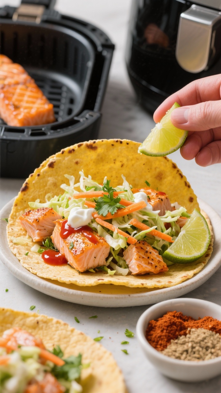 Straight-on taco assembly close-up: Chili-lime air fryer salmon flaked into juicy, crisp-edged chunks being tucked into warm corn tortillas. Piled high with crunchy slaw of shredded cabbage, grated carrot, and cilantro bound with lime juice, yogurt/mayo, and honey; a drizzle of hot sauce, lime wedges and zest visible. Background includes an air fryer basket with a fillet just out, and a small bowl of chili powder, smoked paprika, cumin, and garlic powder rub. Vibrant, punchy colors, slight motion blur on the squeeze of lime.