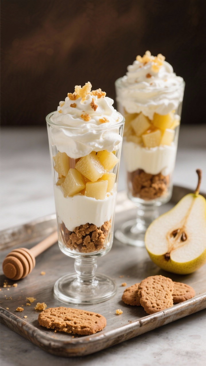 Tall glass parfaits at a 45-degree angle: spiced pear and gingerbread layers arranged in clear glasses to show crumbled gingersnaps/gingerbread cookies, cloudlike whipped cream folded with Greek yogurt, and juicy diced pears macerated with lemon, honey, ground ginger, and cinnamon. Finish with a delicate sprinkle of finely chopped crystallized ginger on top. Props: a small honey dipper, a cut pear, and a few whole gingersnaps on a rustic tray. Bright, cozy feel with soft highlights to emphasize creaminess and pear sheen.