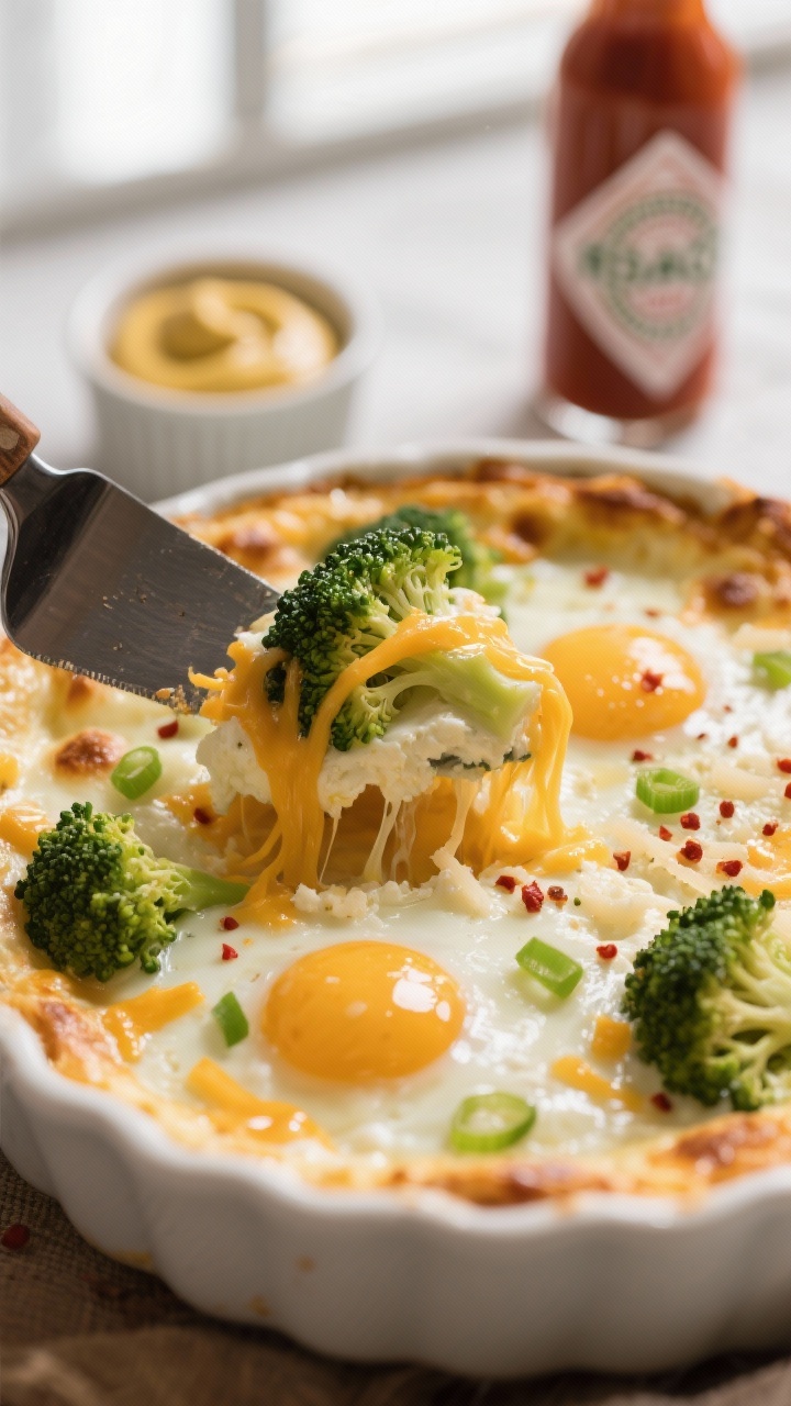 Tight close-up of a creamy Broccoli Cheddar Cottage Cheese Bake being cut into with a spatula: glossy, custardy eggs with pockets of melted sharp cheddar and Parmesan, bright green broccoli florets and thin slices of green onion throughout, a lightly puffed golden surface with tiny browned cheese spots; sprinkle of red pepper flakes visible; small ramekin of mustard and a bottle of hot sauce blurred in the background; soft directional window light, shallow depth of field highlighting gooey cheese strands.